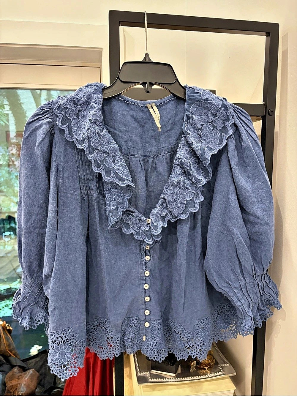 Anthropologie Blue Lace Trim Blouse Size XS Like New